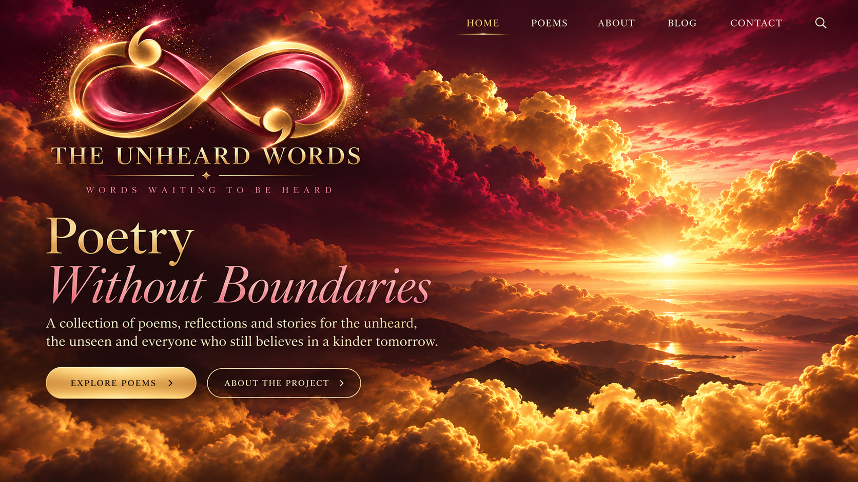 The Unheard Words logo above a dramatic burgundy and gold cloudscape, with the words Poetry Without Boundaries and links to explore poems and learn about the project.